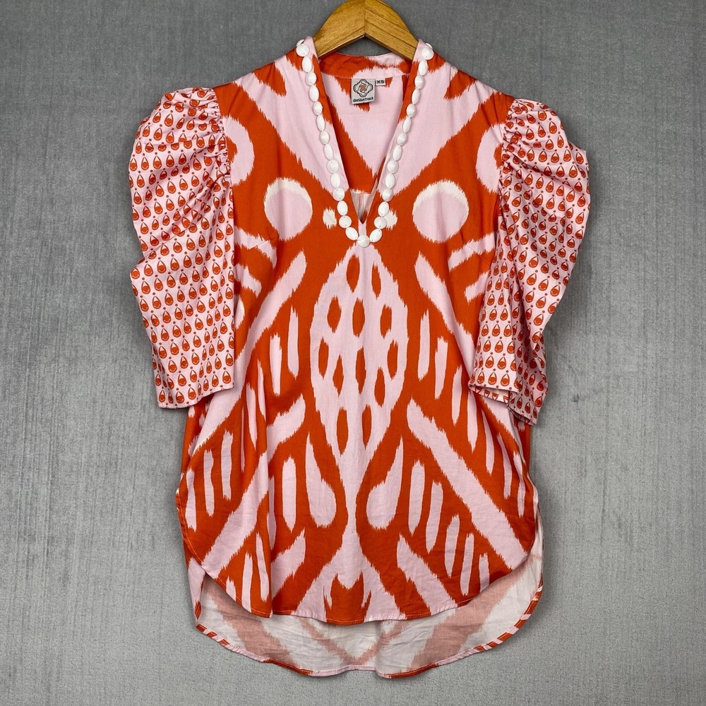 Sheridan French Top‎ Womens XS Orange Pink Ikat Print Puff Sleeve Boho Dopamine
